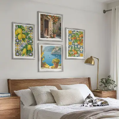 Set de 4 cuadros para salón con motivos de limones, flores y naranjas de Italia