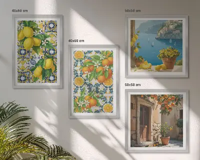 Set de 4 cuadros para salón con motivos de limones, flores y naranjas de Italia