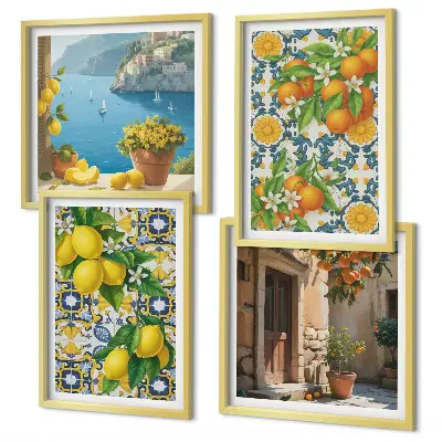 Set de 4 cuadros para salón con motivos de limones, flores y naranjas de Italia