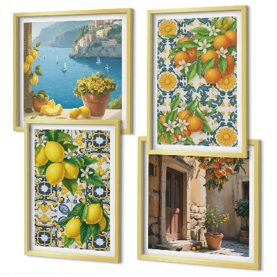 Set de 4 cuadros para salón Limones, flores, naranjas, Italia