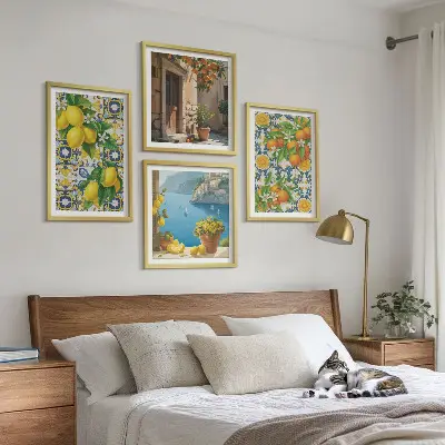 Set de 4 cuadros para salón con motivos de limones, flores y naranjas de Italia