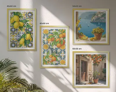 Set de 4 cuadros para salón con motivos de limones, flores y naranjas de Italia