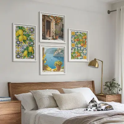 Set de 4 cuadros para salón con motivos de limones, flores y naranjas de Italia