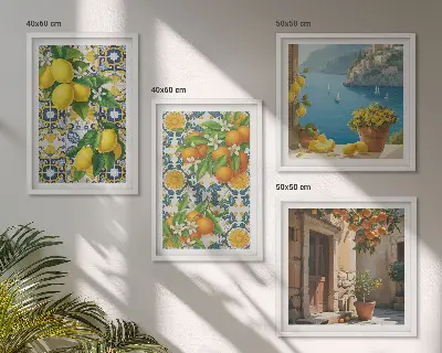 Set de 4 cuadros para salón con motivos de limones, flores y naranjas de Italia