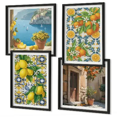 Set de 4 cuadros para salón con motivos de limones, flores y naranjas de Italia