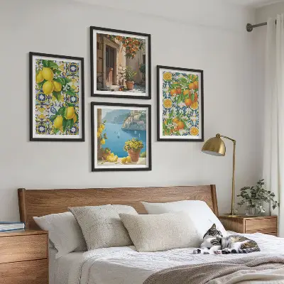 Set de 4 cuadros para salón con motivos de limones, flores y naranjas de Italia