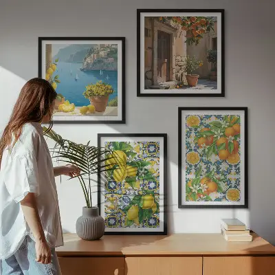 Set de 4 cuadros para salón con motivos de limones, flores y naranjas de Italia