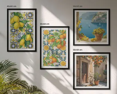 Set de 4 cuadros para salón con motivos de limones, flores y naranjas de Italia
