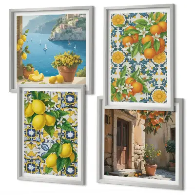 Set de 4 cuadros para salón con motivos de limones, flores y naranjas de Italia