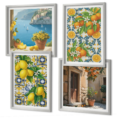 Set de 4 cuadros para salón Limones, flores, naranjas, Italia