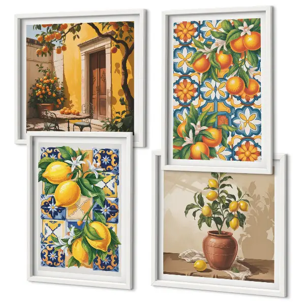 Galería de pared con patrones de flores de limón y naranja