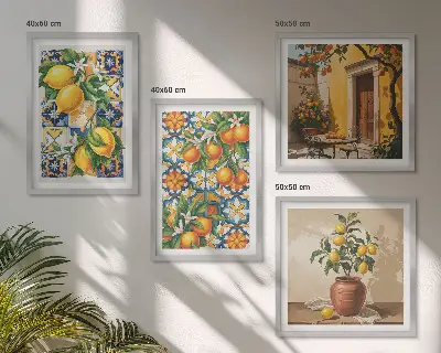 Galería de pared con patrones de flores de limón y naranja