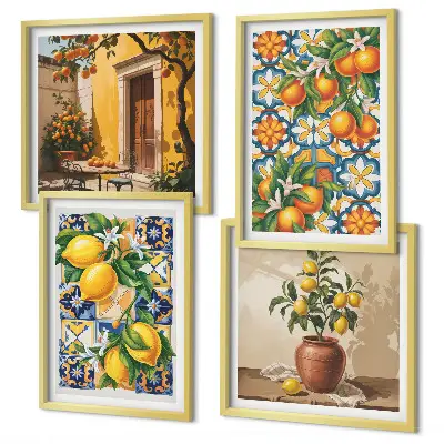 Galería de pared con patrones de flores de limón y naranja