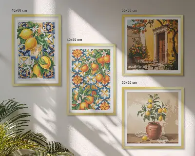 Galería de pared con patrones de flores de limón y naranja