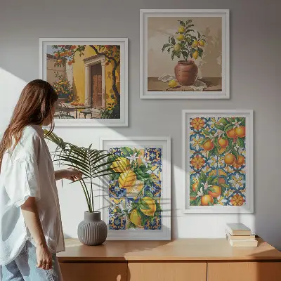 Galería de pared con patrones de flores de limón y naranja