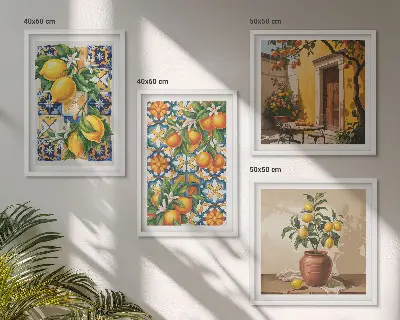 Galería de pared con patrones de flores de limón y naranja