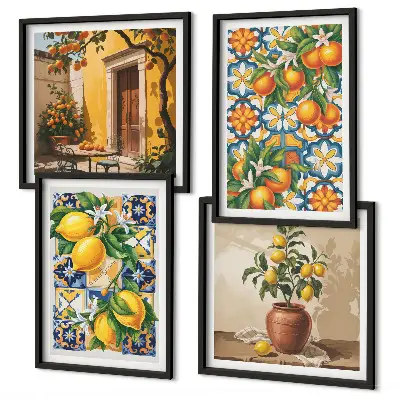Galería de pared con patrones de flores de limón y naranja