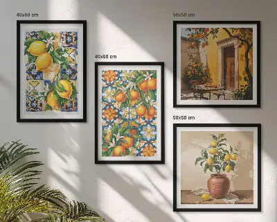 Galería de pared con patrones de flores de limón y naranja