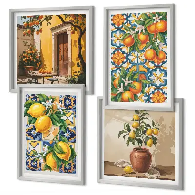 Galería de pared con patrones de flores de limón y naranja