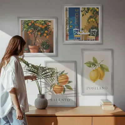 Set de cuadros modernos para salón con diseño de limones y naranjas de Amalfi