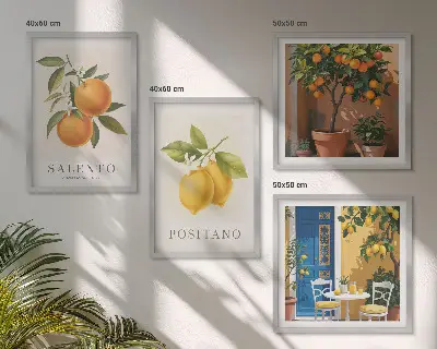 Set de cuadros modernos para salón con diseño de limones y naranjas de Amalfi