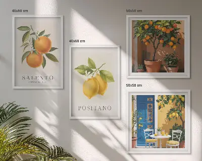 Set de cuadros modernos para salón con diseño de limones y naranjas de Amalfi