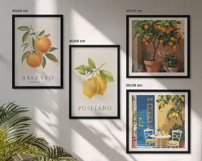 Set de cuadros modernos para salón con diseño de limones y naranjas de Amalfi