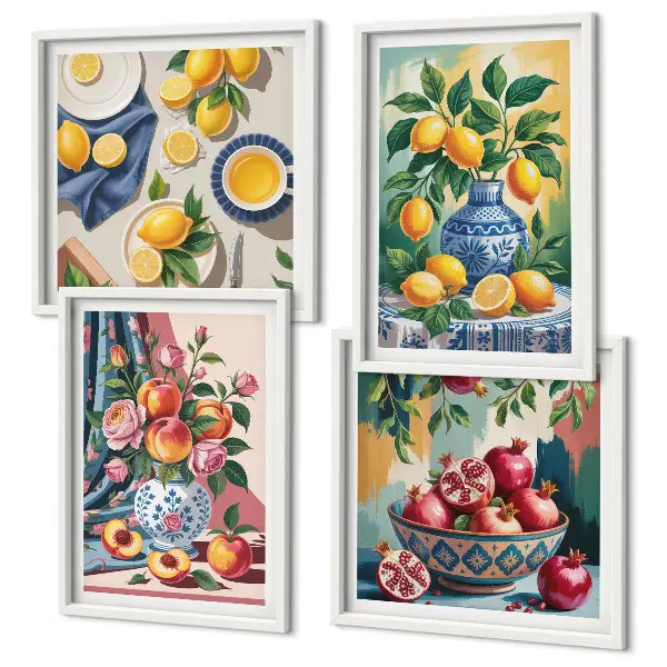 Set de cuadros modernos para salón con diseño de flores y frutas en jarrones