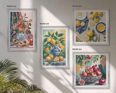 Set de cuadros modernos para salón con diseño de flores y frutas en jarrones