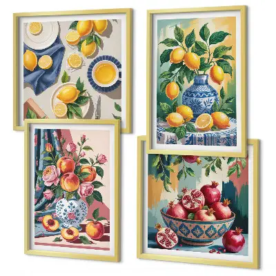 Set de cuadros modernos para salón con diseño de flores y frutas en jarrones