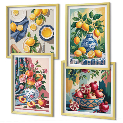 Set de cuadros modernos para salón Flores y frutas en jarrones