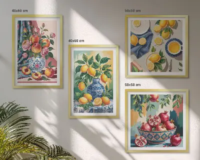 Set de cuadros modernos para salón con diseño de flores y frutas en jarrones