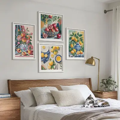 Set de cuadros modernos para salón con diseño de flores y frutas en jarrones
