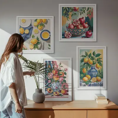 Set de cuadros modernos para salón con diseño de flores y frutas en jarrones