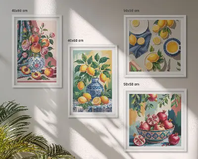 Set de cuadros modernos para salón con diseño de flores y frutas en jarrones