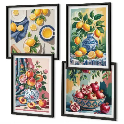 Set de cuadros modernos para salón con diseño de flores y frutas en jarrones