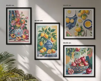 Set de cuadros modernos para salón con diseño de flores y frutas en jarrones