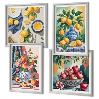 Set de cuadros modernos para salón con diseño de flores y frutas en jarrones