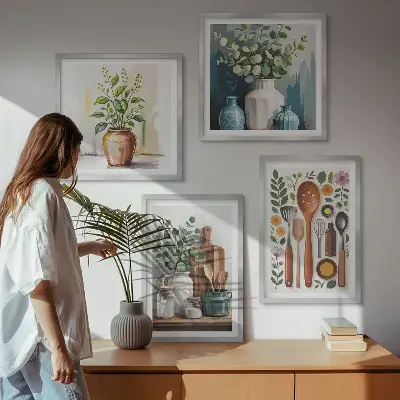 Set de 4 cuadros decorativos para salón con diseño de accesorios de cocina de origen vegetal