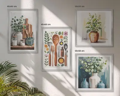 Set de 4 cuadros decorativos para salón con diseño de accesorios de cocina de origen vegetal