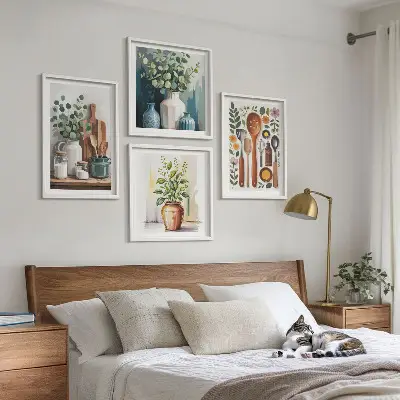 Set de 4 cuadros decorativos para salón con diseño de accesorios de cocina de origen vegetal