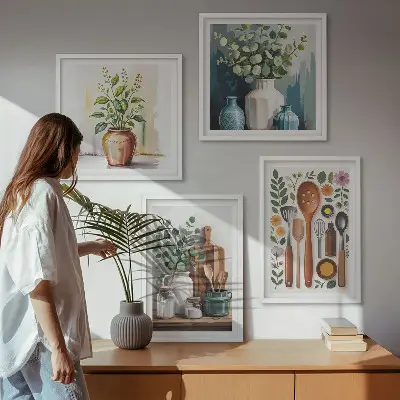 Set de 4 cuadros decorativos para salón con diseño de accesorios de cocina de origen vegetal