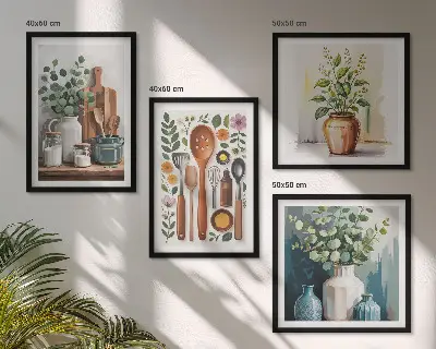 Set de 4 cuadros decorativos para salón con diseño de accesorios de cocina de origen vegetal