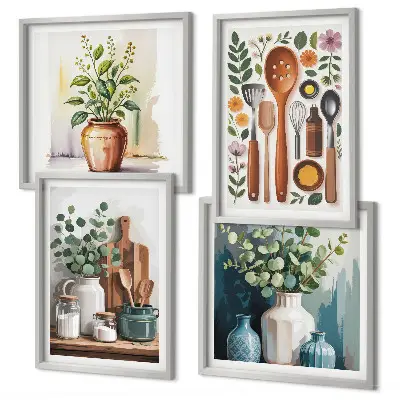 Set de 4 cuadros decorativos para salón con diseño de accesorios de cocina de origen vegetal