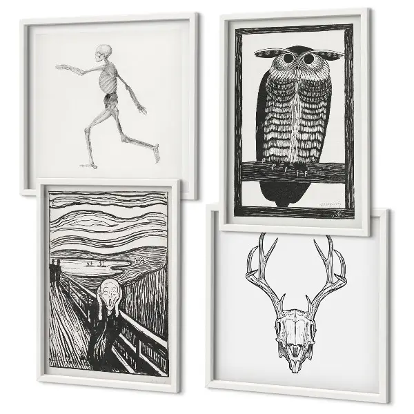 Galería de pared inspiración con diseño de calavera y búho estilo grito