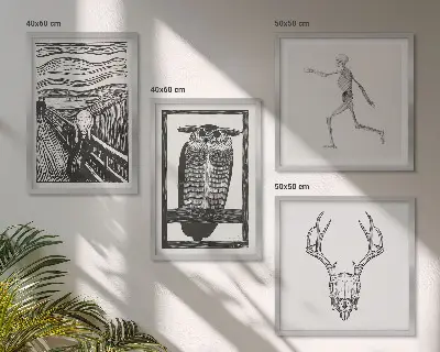 Galería de pared inspiración con diseño de calavera y búho estilo grito