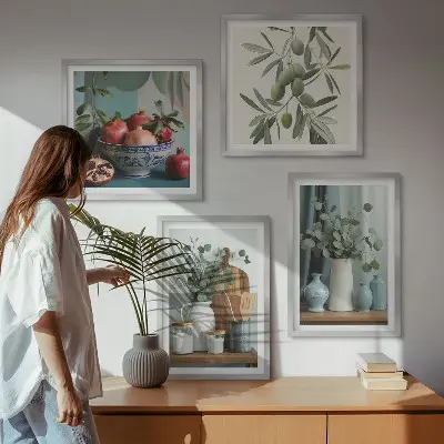 Set de cuadros modernos para salón diseño de aceitunas verdes con eucalipto