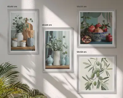 Set de cuadros modernos para salón diseño de aceitunas verdes con eucalipto
