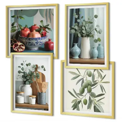 Set de cuadros modernos para salón diseño de aceitunas verdes con eucalipto