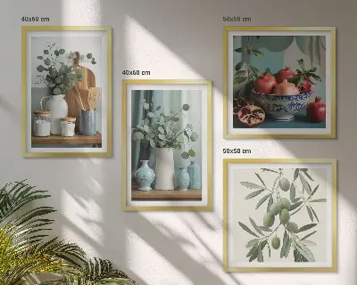 Set de cuadros modernos para salón diseño de aceitunas verdes con eucalipto